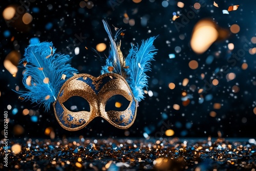 Colorful Masquerade Mask Surrounded by Glitter and Confetti on Festive Night