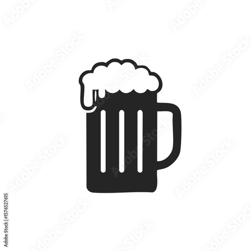 Frothy Black and White Beer Mug Icon Illustration Showing Vertical Lines and Handle