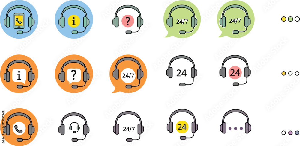 Various customer service icons with headsets and speech bubbles in different colors Various customer service icons with headsets and speech bubbles in different colors