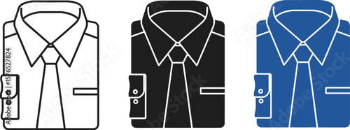 Three shirt icons with ties in line art black and blue isolated on white background