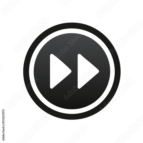 Black circular rewind symbol with two white arrows representing moving forward quickly, fast forwarding, skipping videos or music tracks.