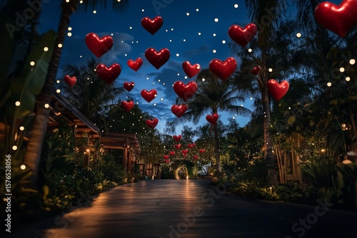 Romantic Atmosphere With Heart Decorations and Twinkling Lights in a Tropical...