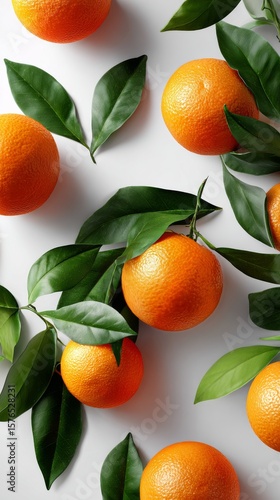Fresh Oranges Surrounded by Vibrant Green Leaves Arranged on a Light Background