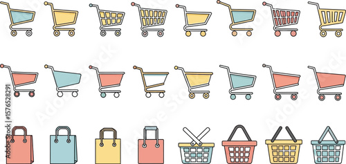 Various shopping carts bags and baskets in different colors arranged in rows art