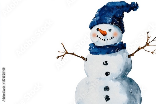 Snowman Wearing a Blue Hat and Scarf Stands Cheerfully With Branches for Arms...
