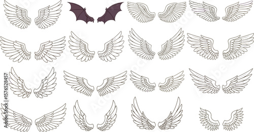 Illustration of multiple pairs of angel wings and one pair of bat wings on white