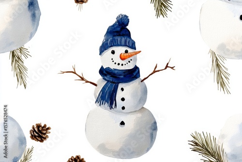 Snowman Wearing a Blue Hat and Scarf Stands Cheerfully With Branches for Arms...