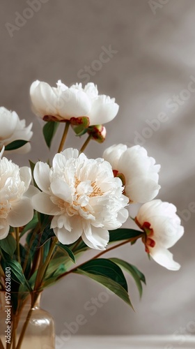 Elegant White Peonies Arranged in a Glass Vase on a Neutral Background During...