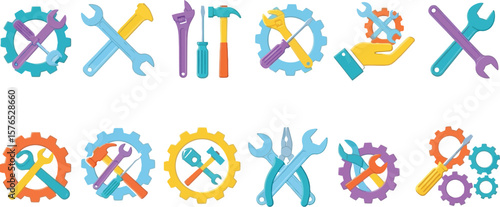 A set of colorful repair tools and gears arranged on a white background surface