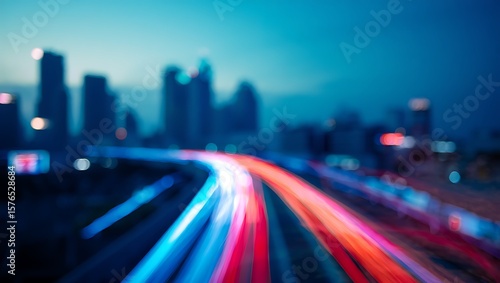 City Lights Blur: Abstract Nightscape of Motion and Color, A Symphony of Light Trails Amidst the Urban Skyline at Dusk