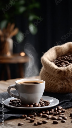 Steaming Cup of Coffee Surrounded by Coffee Beans in a Rustic Setting