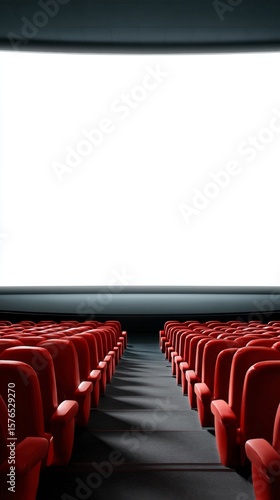 Empty Theater With Red Seats and Bright Blank Screen in Modern Cinema
