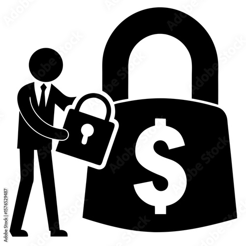 Person securing money with locks silhouette vector illustration