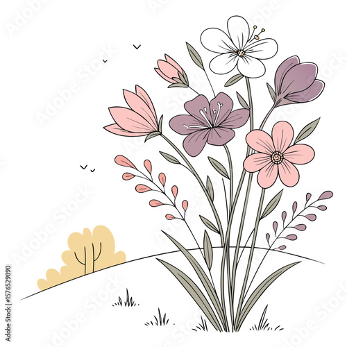 A beautiful bouquet of wildflowers graces a gentle hillside