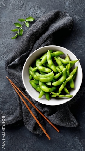 Edamame Served in a Bowl on a Dark Textured Surface With Chopsticks Nearby an...