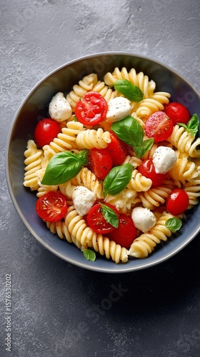 Delicious Pasta Salad With Cherry Tomatoes and Fresh Basil in a Bowl