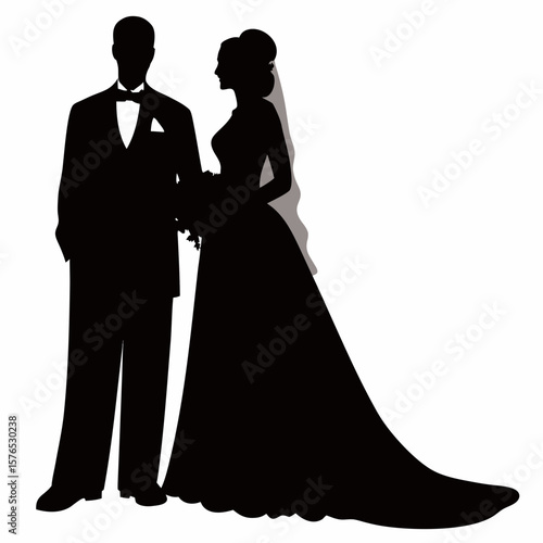 Bride and groom silhouette dancing at wedding vector illustration