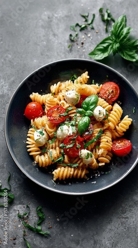 Delicious Fusilli Pasta With Cherry Tomatoes and Fresh Basil on a Dark Stone ...