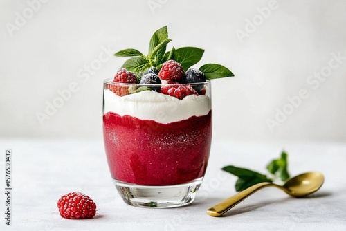 Delicious Berry Parfait With Cream and Fresh Fruit in a Glass Cup