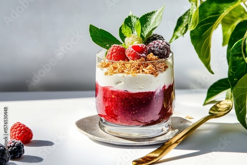 Creamy Yogurt Dessert With Fresh Berries and Granola on a Sunny Day