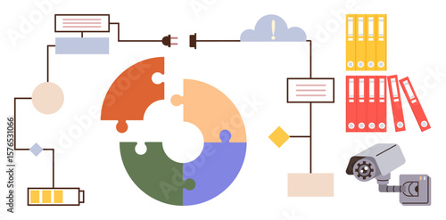 Circular puzzle, security camera, battery, cloud, and document folders connected in a flow diagram. Ideal for project planning, process mapping, system security, organization technology data