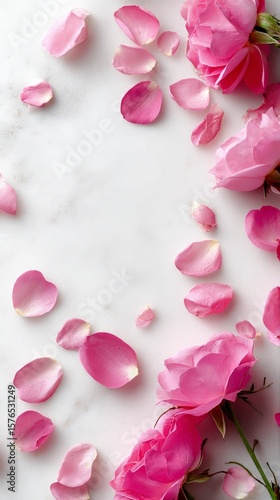 Beautiful Pink Roses With Petals Scattered on a White Background During a Spr...