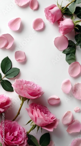 Beautiful Pink Roses With Petals Scattered on a White Background During a Spr...