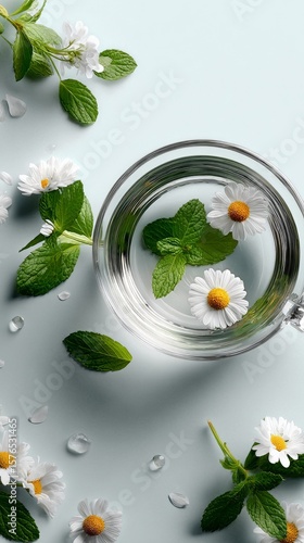 Fresh Herbal Tea With Daisies on a Marble Surface Surrounded by Green Leaves