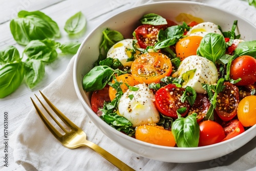 Fresh Tomato and Mozzarella Salad With Basil in a Bowl on a Wooden Table