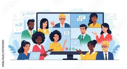 Diverse Team Engaged in Video Conference Meeting, Collaboration, Online Communication Concept
