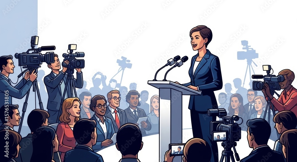 Fototapeta premium Dynamic Speaker Addresses Media and Diverse Audience, Symbolizing Effective Communication and Public Information Dissemination in a Modern Press Conference Setting.