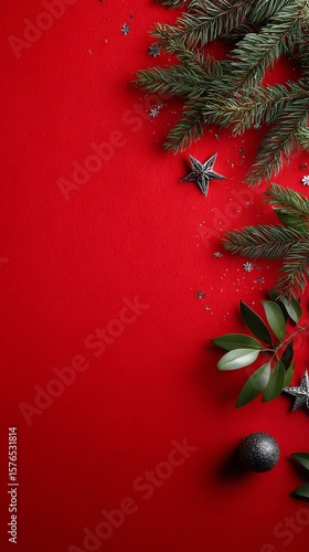 Festive Red Background Adorned With Greenery and Decorative Stars for Holiday...