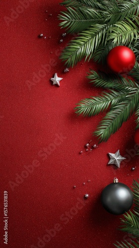 Festive Red Background Adorned With Greenery and Decorative Stars for Holiday...
