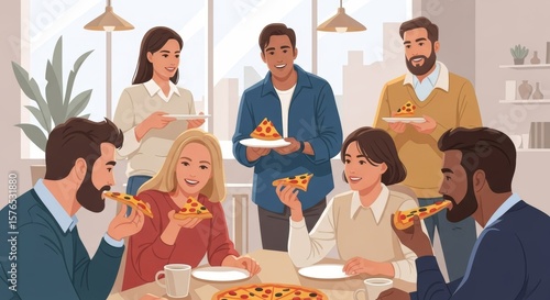 Friendly team of diverse colleagues sharing pizza and conversation during a lunch break in the office.