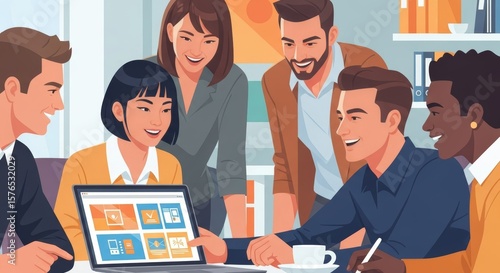 Collaborative Teamwork Diverse Professionals Reviewing Digital Interface