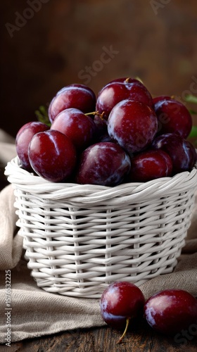 Freshly Harvested Plums in a Rustic White Basket on a Wooden Surface