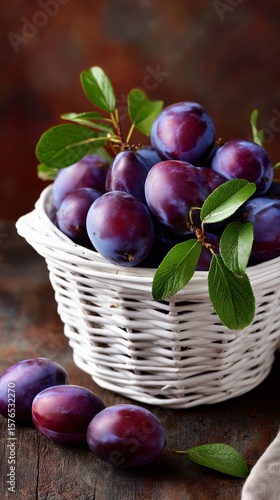 Freshly Harvested Plums in a Rustic White Basket on a Wooden Surface