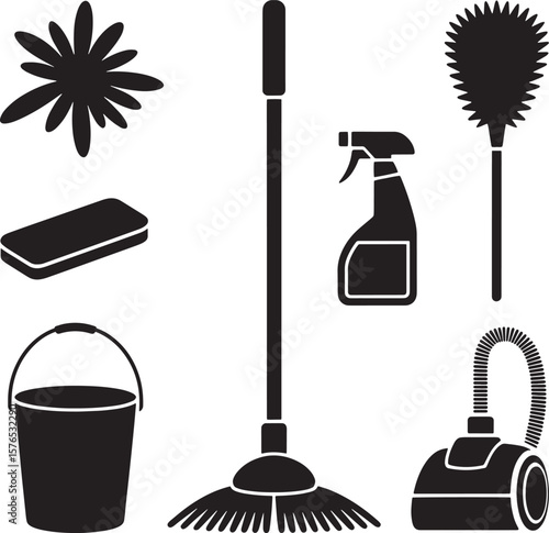 Black cleaning supplies including mop bucket spray bottle duster vacuum vector