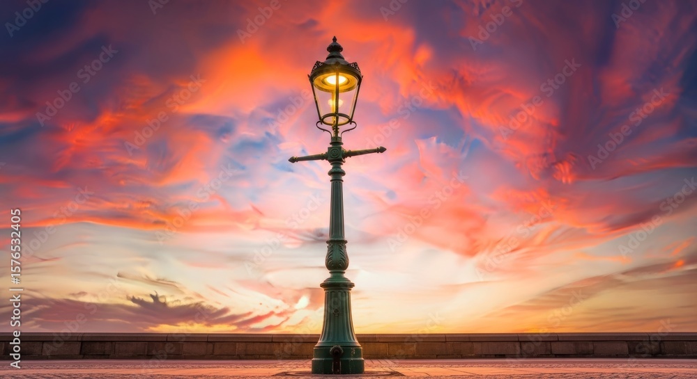 Obraz premium Vintage Lamp Post Against a Dramatic Sunset Cityscape Illumination at Dusk
