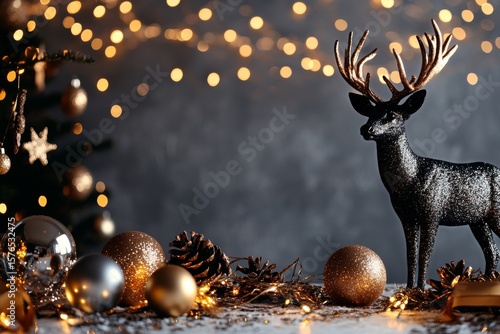 Decorative Black Reindeer Among Festive Ornaments and Lights During Holiday S...