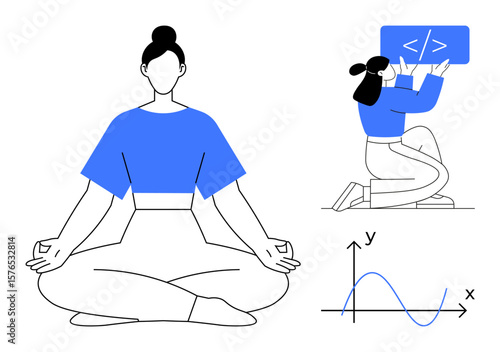 Woman meditating in lotus pose, another programming with a code snippet, and a graph with labeled axes. Ideal for mindfulness, coding, education, analytics, productivity, technology simple landing