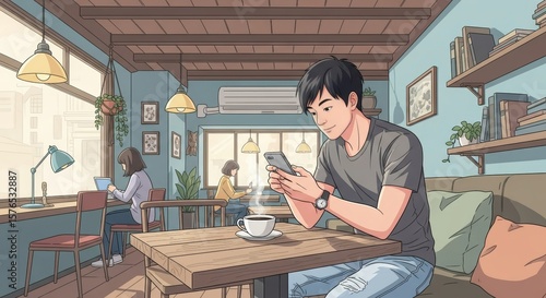 A young man relaxing in a cozy, sunlit coffee shop, using his smartphone. Modern lifestyle concept in an anime illustration style.