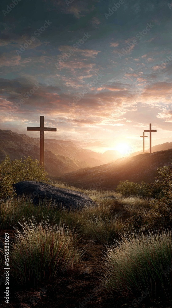 Obraz premium Crosses at Sunrise in a Serene Valley Surrounded by Mountains and Lush Foliage