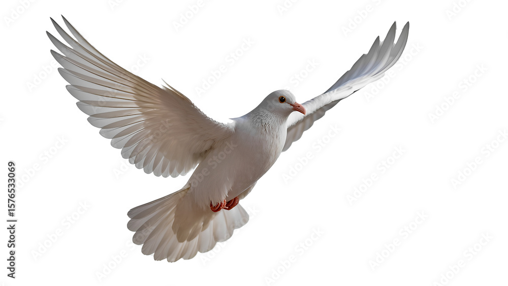 Obraz premium A graceful white dove in flight, with its wings spread wide, against a pure white background. The bird is depicted in dynamic movement, symbolizing peace, freedom, hope and purity. This image is ideal