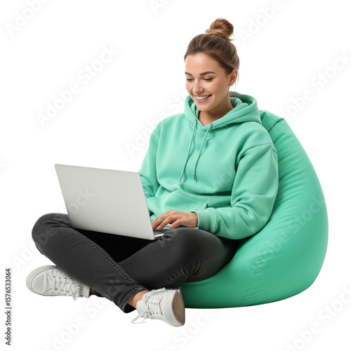 young woman on bean bag chair using laptop on Isolated transparent background png. generated with AI