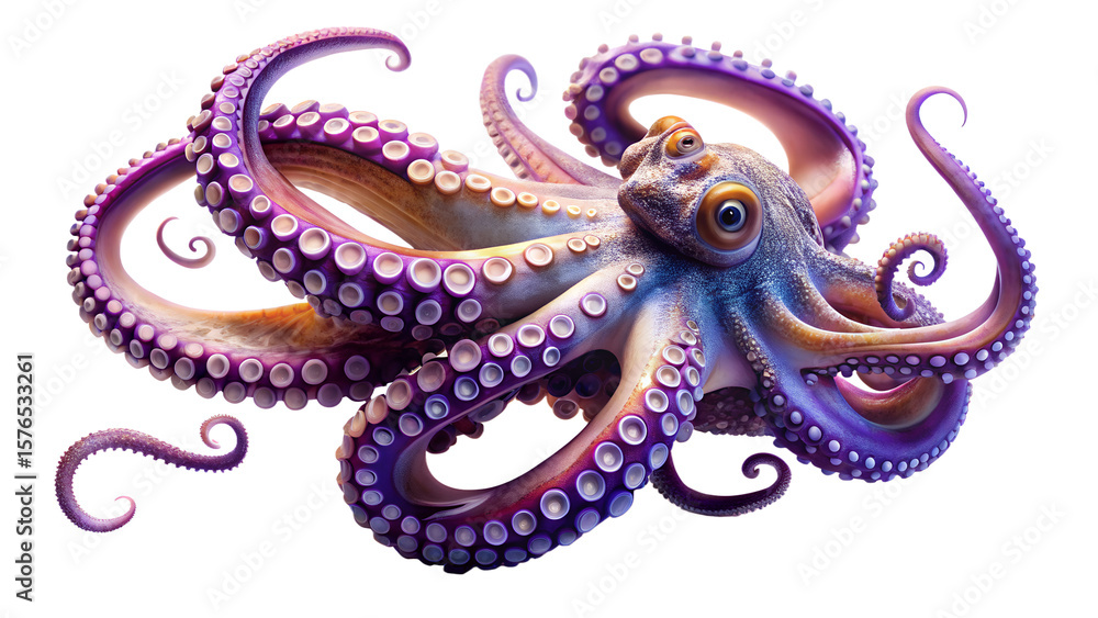 Fototapeta premium Detailed Octopus Illustration with Purple and Blue Tones on Transparent Background