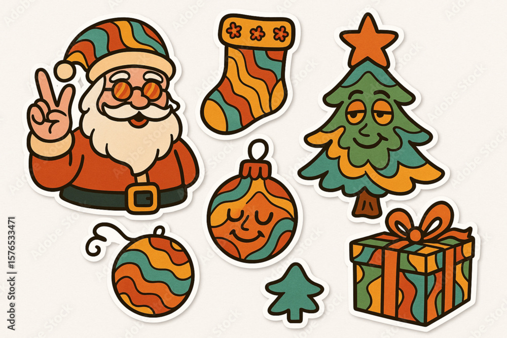 Obraz premium Groovy Hippie Christmas Stickers – Retro Santa, Tree, Gifts and Ornaments in 50s–70s Cartoon Vector Style on White