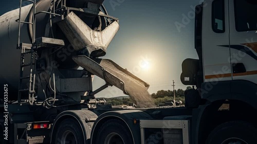 Cement Mixer Truck Pouring Concrete at Sunset