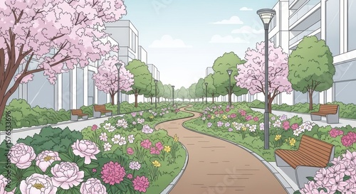 Serene Spring Pathway Blooming Flowers and Modern Architecture