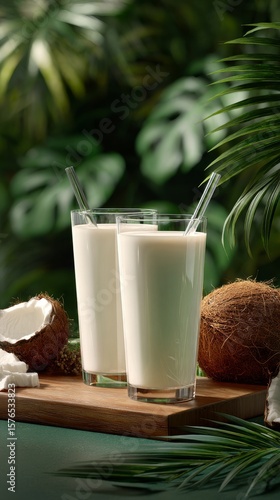 Refreshing Coconut Milk Served in Glasses With Natural Tropical Surroundings ...